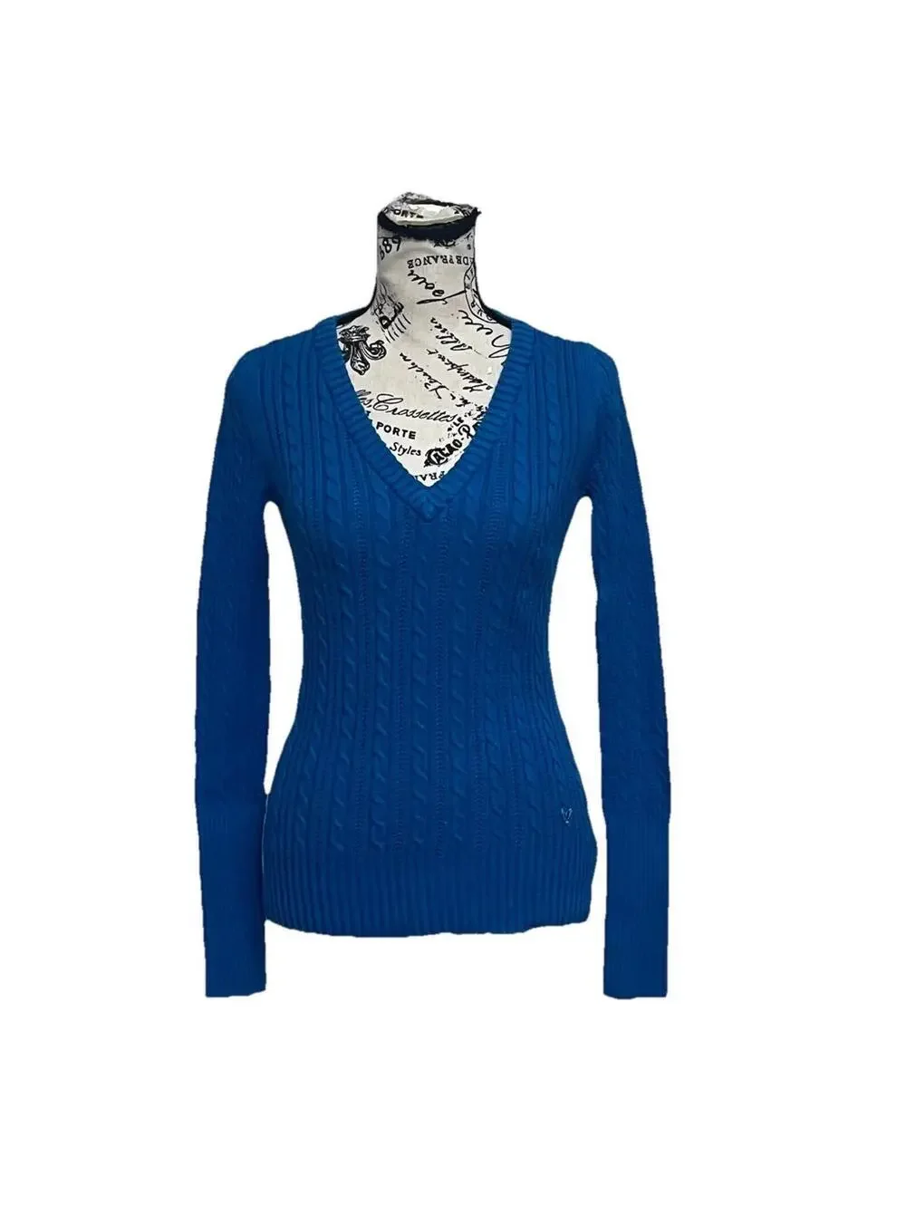 American Eagle Blue Cable Knit Sweater Women’s XS V Neck Fisherman Y2K Preppy